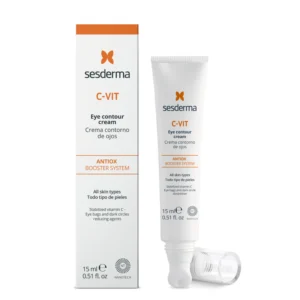 Sesderma c-Vit Eye Contour Cream is a daily treatment to prevent wrinkles, puffiness, and dark circles. A lightweight texture, it incorporates in its formulation an Anti-OX complex with vitamin C and Ascorbyl glucoside. This antioxidant complex acts on the thin and delicate skin of the eye contour offering multiple benefits. Thus, it acts as a potent antioxidant to prevent photoaging and in particular wrinkles. Its illuminating action minimizes dark circles and revitalizes the look. And its enhancing collagen synthesis action improves the appearance of the skin around the eye and prevents crow's feet.
