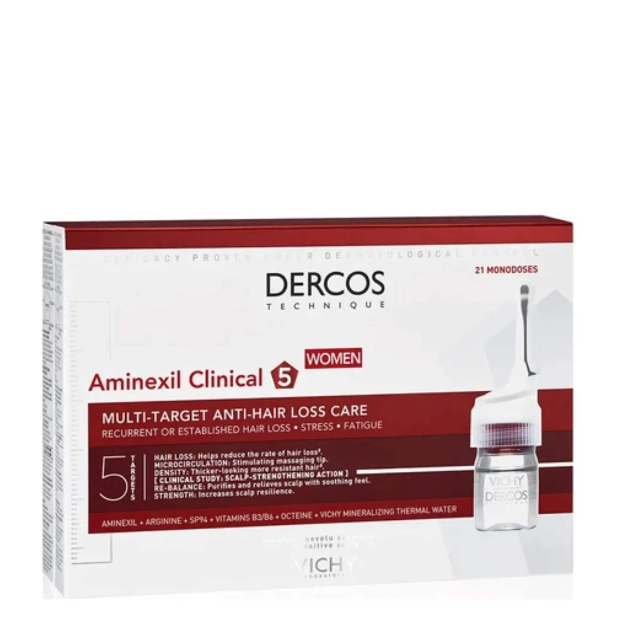 Lyskin-vichy-dercos-aminexil-clinical-5-for-women-anti-hair-loss-21-ampoules-VCY00159_result Vichy Dercos Aminexil Clinical 5 ampoules is a hair loss treatment that combines Aminexil, a reference anti-hair loss molecule with clinically proven effectiveness, with 5 active ingredients for a strong and resistant hair fiber. Effectively stops recurrent, seasonal, stress, or fatigue hair loss. It is also the first treatment for hair loss that acts on the 5 most frequent causes of hair loss.