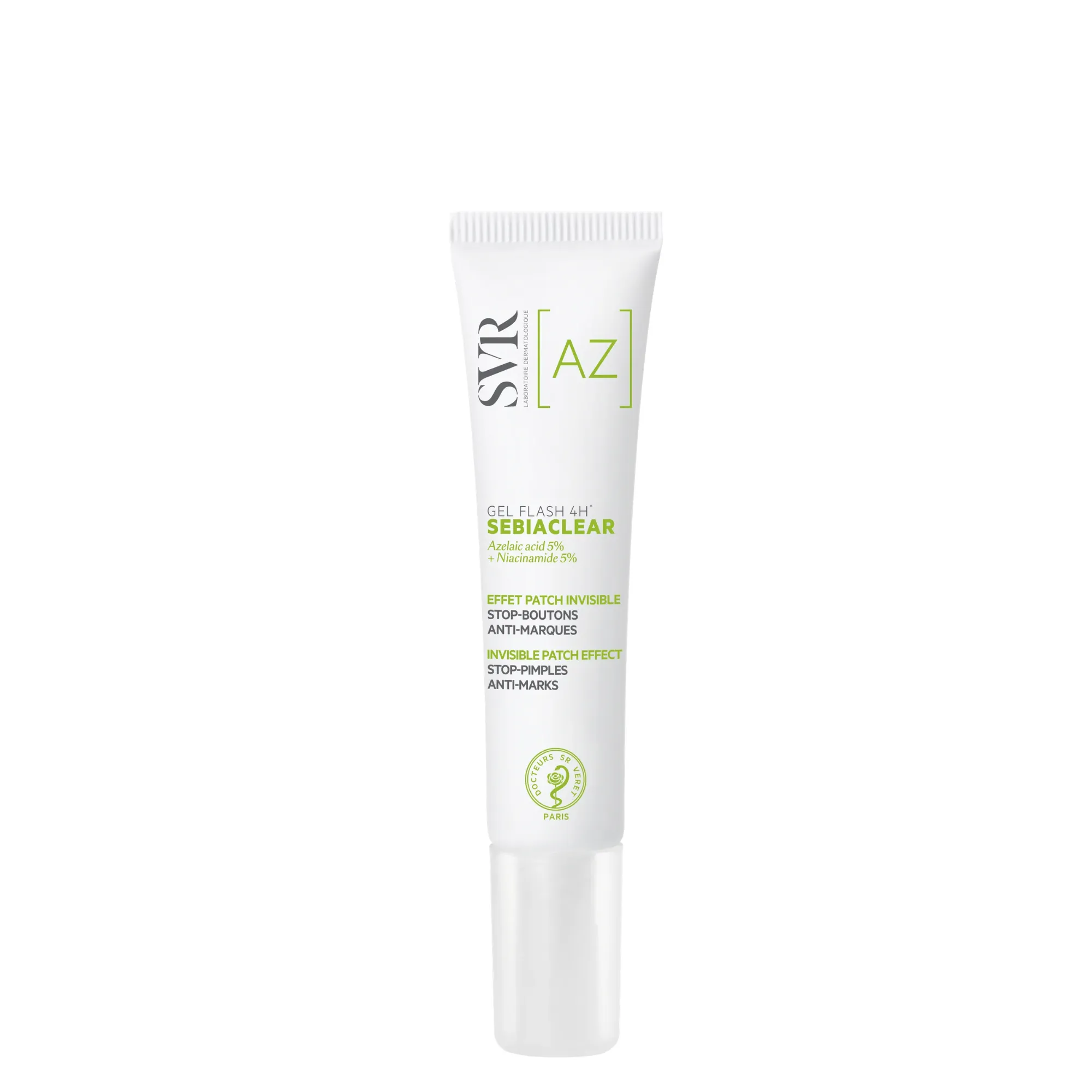 Lyskin-svr-sebiaclear-cicapeel-anti-spot-and-anti-marks-targeted-gel-15ml-SVR00009_resultado The SVR Sebiaclear Gel Flash AZ is an innovative targeted treatment for blemishes, designed to act rapidly on imperfections while remaining completely invisible on the skin. Formulated with a powerful combination of 5% azelaic acid and 5% niacinamide, this advanced gel delivers visible results from just 4 hours, helping to reduce blemishes, redness, and excess sebum.