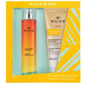 Nuxe proposes a dip in the spirit of summer with this delicious gift set. Nuxe Sun Delicious Fragrant Water Gift Set combines two emblematic care of the sunline: - Nuxe Sun Delicious Fragrant Water 100ml; - Nuxe Sun After-sun Hair & Body Shampoo 200ml.Special Limited Edition.