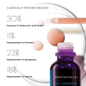 Skinceuticals h.a. intensifier serum has a multibenetic formula with a high concentration of hyaluronic acid (HA), Proxylane and violet or purple rice extract to help maintain the skin's natural reserve, improving skin fill, elasticity and firmness.