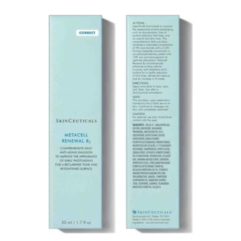 Skinceuticals metacell renewal b3 is a daily moisturizer corrector of the first signs of skin aging. Improves skin's renewing action, increases cell renewal, strengthens the moisture barrier and decreases diffuse redness. It is formulated to provide intense hydration without an oily sensation.
