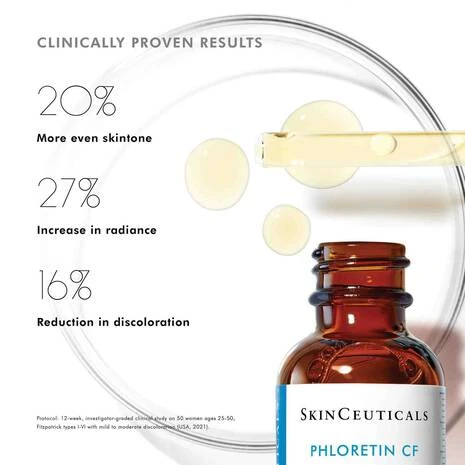 Skinceuticals Phloretin CF Antioxidant is an advanced antioxidant, suitable for combination to oily skin, with changes in skin pigmentation (spots derived from sun exposure, acne or skin aging). It has 10% pure Vitamin C, 2% Phloretin and 0.5% Ferulic Acid. No parabens, no perfume and no dyes.