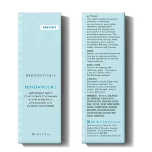 Skinceuticals resveratrol B E is an antioxidant night serum rich in Resveratrol. Suitable for dry to combination skin and also sensitive skins, concerned with aging and loss of radiance and firmness. Contains 1% Pure Resveratrol, 0.5% Baicalin and 1% Vitamin E. No parabens, no perfume and no dyes.