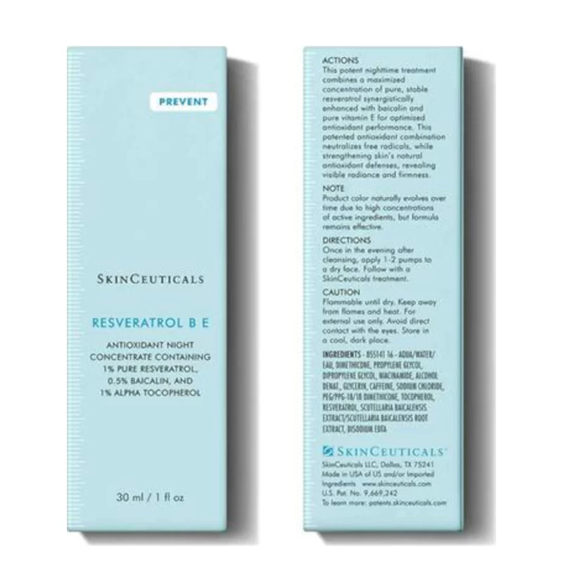 Skinceuticals resveratrol B E is an antioxidant night serum rich in Resveratrol. Suitable for dry to combination skin and also sensitive skins, concerned with aging and loss of radiance and firmness. Contains 1% Pure Resveratrol, 0.5% Baicalin and 1% Vitamin E. No parabens, no perfume and no dyes.