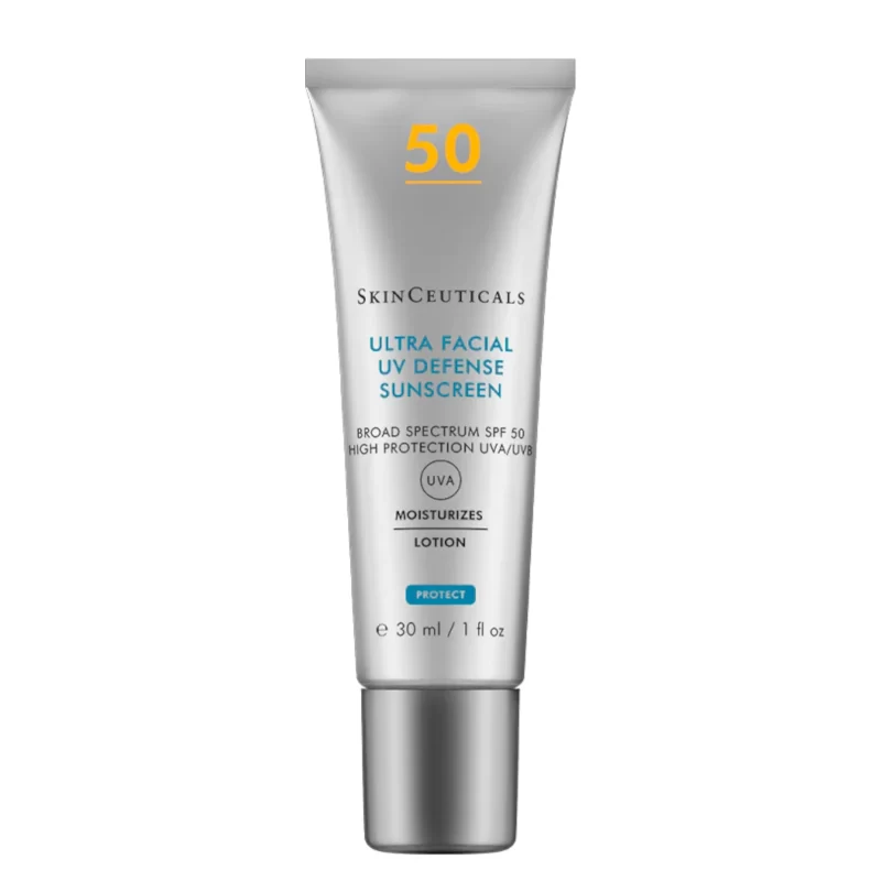 Skinceuticals ultra facial defense spf50 is a broad spectrum moisturizing UVA/UVB (high protection) sunscreen. It is suitable for normal, combination and dry skin concerned with skin aging, blemishes or dehydration. Provides high-spectrum UVA/UVB protection, 24-hour hydration with ultra-light texture and comfortable daily wear.