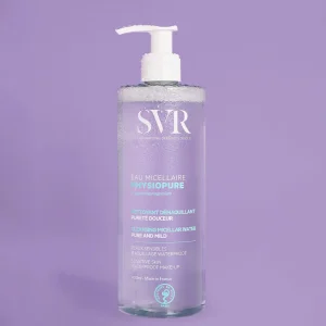 SVR Physiopure Cleansing Micellar Water gently removes makeup, dirt, and pollutants while oxygenating and hydrating sensitive skin. With 93% natural-origin ingredients, it leaves skin fresh, soft, and purified — no rinse required. Dermatologically and ophthalmologically tested for daily use.