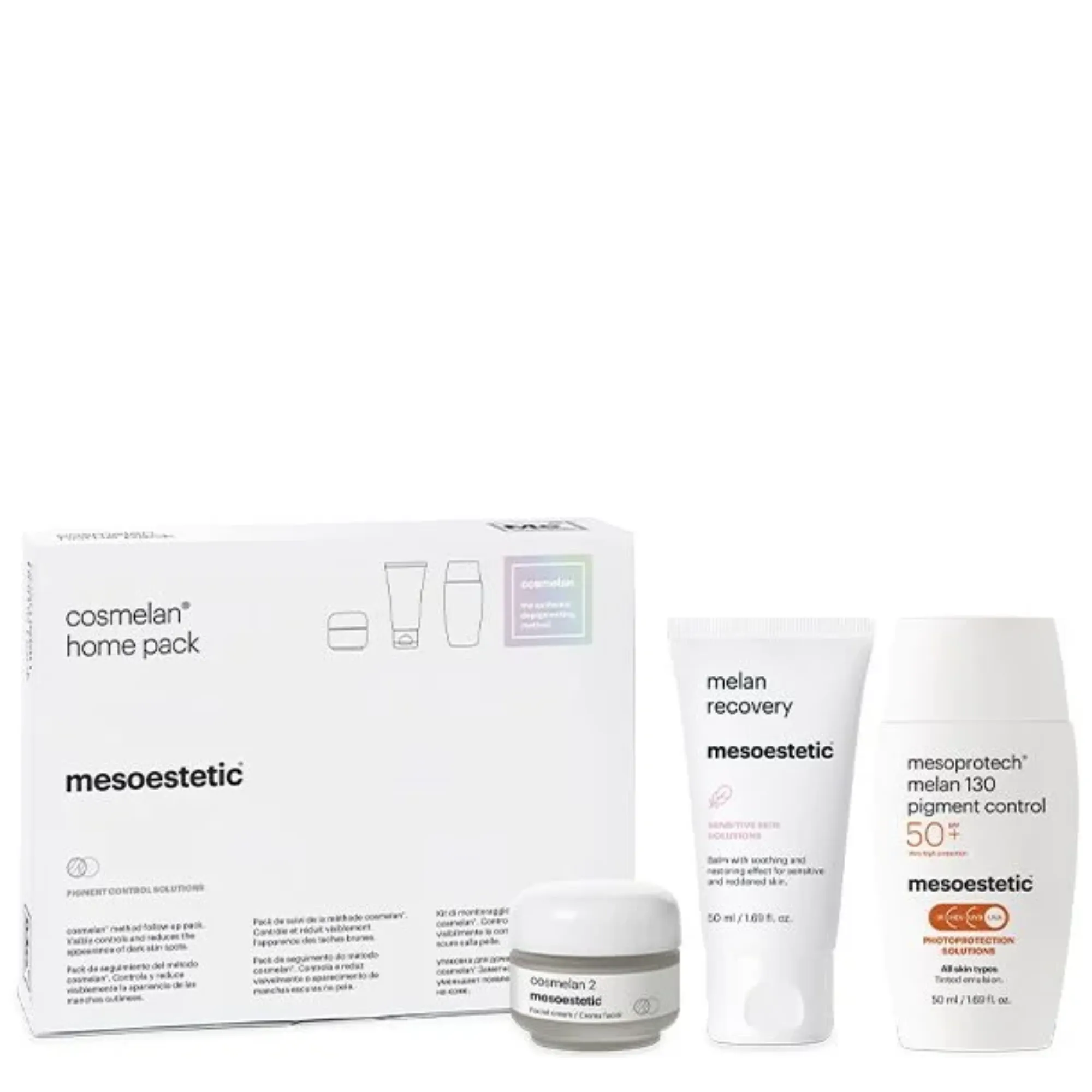 Lyskin-mesoestetic-cosmelan-home-pack-MST00089_resultado Mesoestetic Cosmelan Home Pack is an essential at-home skincare regimen that comprehends everything you need to follow the home protocol of the Cosmelan professional treatment, ensuring the effective attenuation and control of melanic-origin pigmentation imperfections.