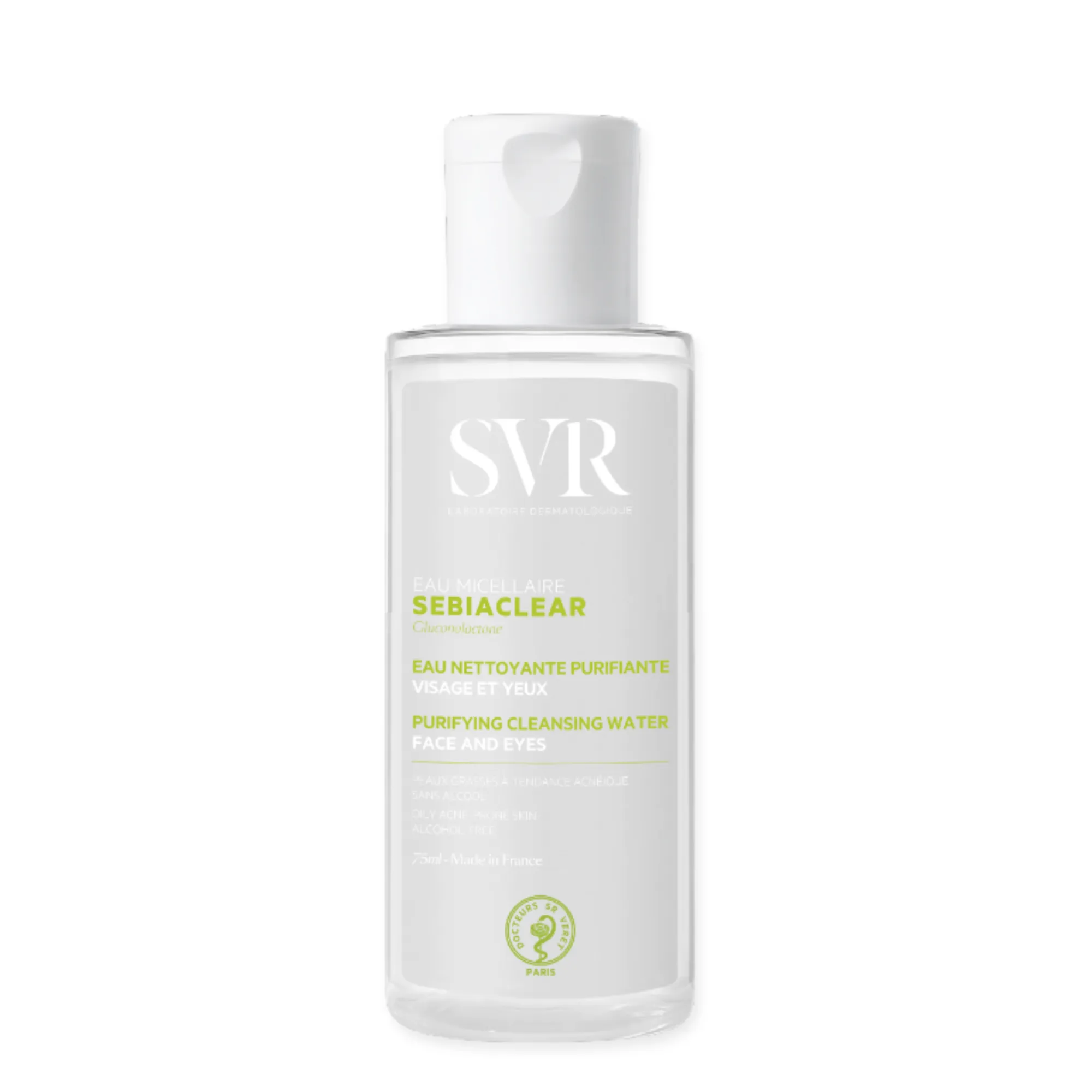 Lyskin-svr-sebiaclear-purifying-cleasing-water-oily-skin-75ml-SVR00097_result SVR Sebiaclear Purifying Cleansing Water gently cleanses, purifies and removes makeup in one simple step. Specially formulated for combination to oily, sensitive and acne-prone skin, this micellar water eliminates impurities and excess sebum without drying the skin. The result is skin that feels clean, fresh and comfortably mattified. Suitable for face and eyes.
