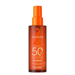 Lancaster Sun Beauty Body Dry Oil SPF50 offers very high sun protection in a sensorial, luxurious dry oil texture. Designed for those who love both efficacy and indulgence, this sunscreen melts into the skin, leaving an invisible, shimmering veil with a satin-dry finish.