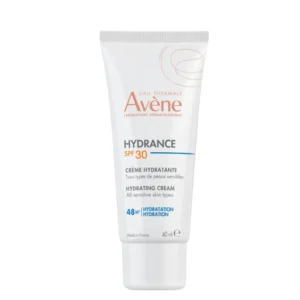 Avène Hydrance Hydrating Cream SPF30 combines daily hydration with broad-spectrum SPF30 sun protection for sensitive and dehydrated skin. Its innovative formula helps protect the skin from daily external aggressors, including UVA, UVB and HEV blue light, while helping maintain a fresh, supple and radiant complexion.