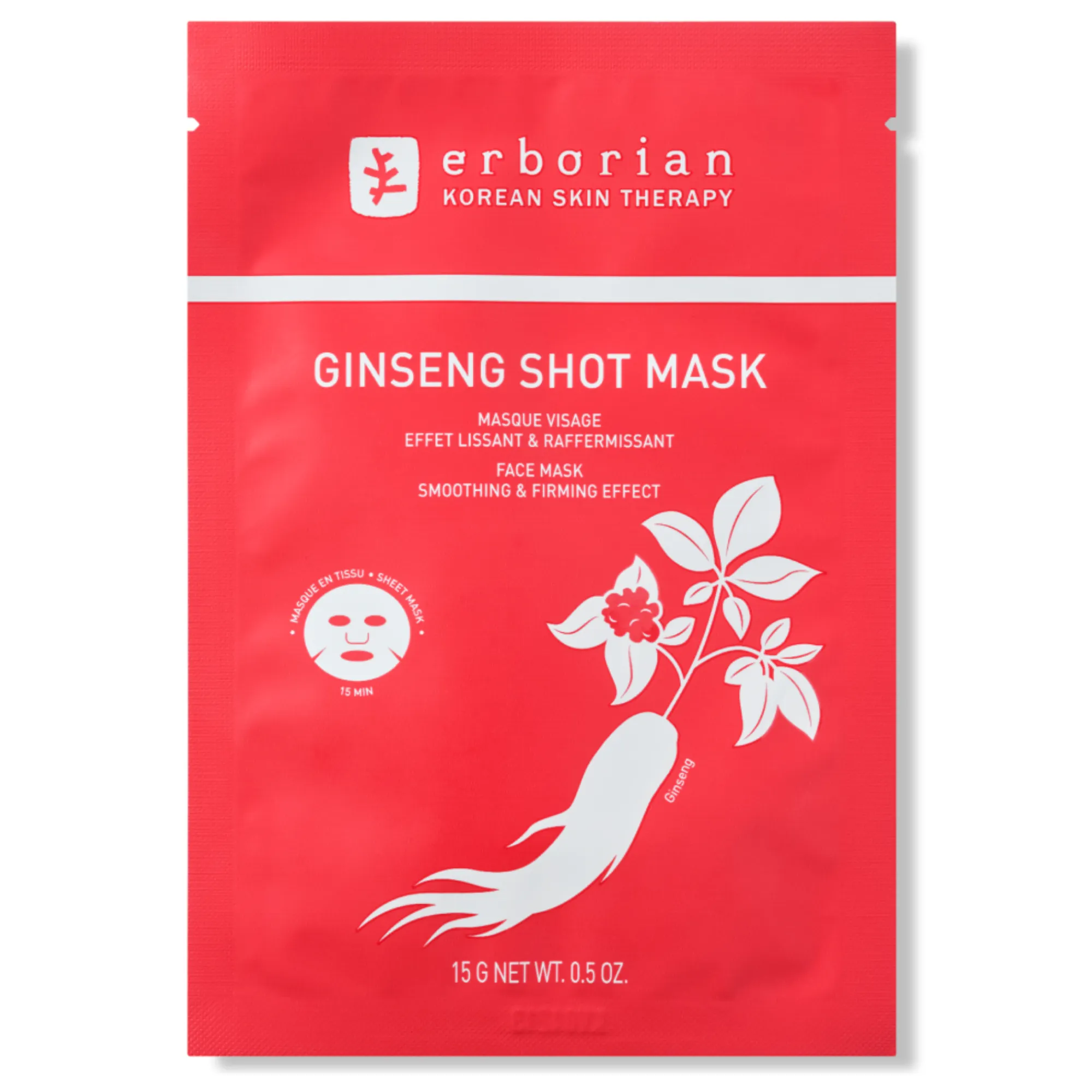 Lyskin-erborian-ginseng-shot-mask-15g Give your skin an instant boost of radiance, firmness, and hydration with the Erborian Ginseng Shot Mask. This single-use sheet mask, enriched with Korean Ginseng Extract and a powerful White Ginseng Complex, is designed to combat the visible signs of fatigue and aging.