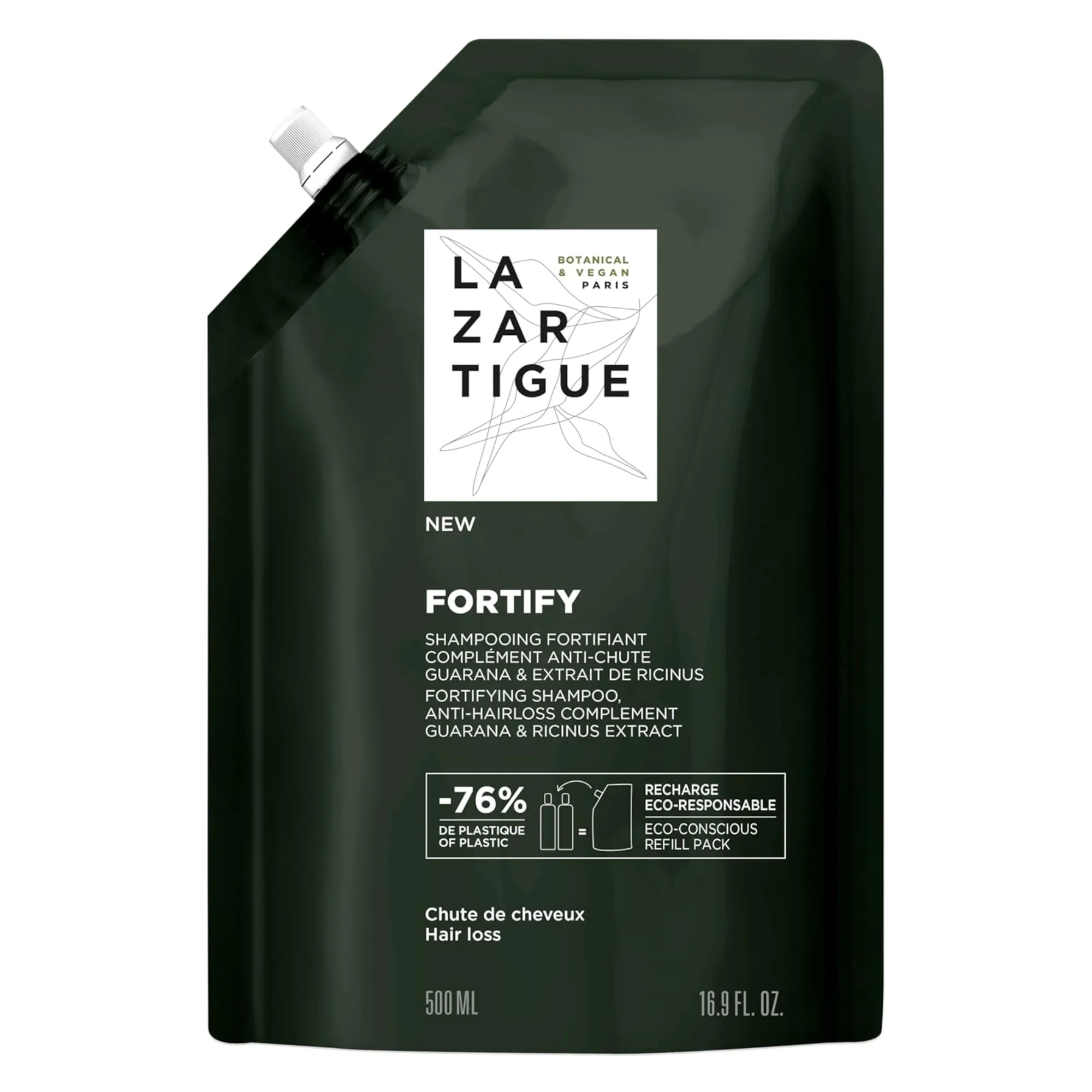 Lyskin-lazartigue-fortify-fortifying-anti-hairloss-shampoo-eco-refill-500ml-LAZ00067_resultado Lazartigue fortify fortifying anti-hairloss shampoo is a fortifying and revitalizing shampoo designed to complement anti-hair loss treatments. Formulated with 93% naturally derived ingredients, its gentle yet powerful botanical blend supports weakened hair, stimulates vitality, and helps slow down hair loss.