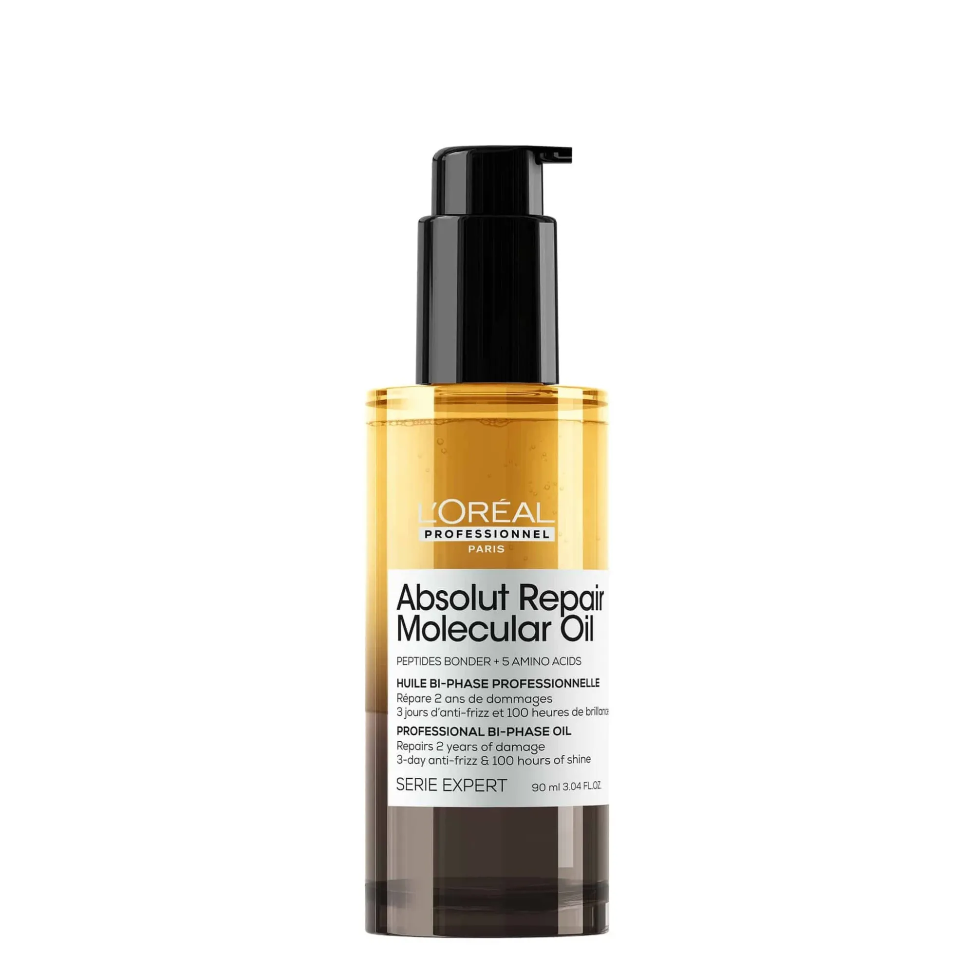 Lyskin-loreal-professionnel-absolut-repair-molecular-bi-phase-oil-90ml-LOP00159_result Restore damaged hair at its core with Loreal Professionnel Absolut Repair Molecular Bi-Phase Oil, a professional dual-phase treatment designed for all types of damaged hair. Powered by patented bi-phase technology, this advanced formula reconstructs the hair’s macromolecular structure to help repair up to 2 years of damage, delivering 100 hours of shine and up to 3 days of anti-frizz control. Lightweight, fast-absorbing, and delicately fragranced for up to 72 hours, this professional oil provides strength, softness, and long-lasting smoothness—without weighing the hair down.