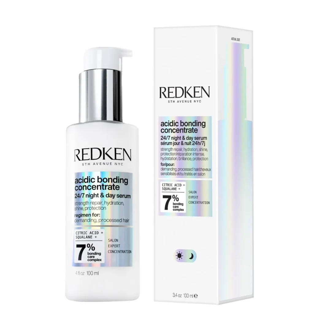 Repair, strengthen, and hydrate your hair around the clock with Redken Acidic Bonding Concentrate 24/7 Day & Night Serum. This revolutionary bonding serum is designed to restore integrity to processed and damaged hair while helping maintain color vibrancy and protecting against daily environmental and heat damage. Powered by Redken’s advanced bonding technology, it works both day and night to deliver stronger, healthier-looking hair.