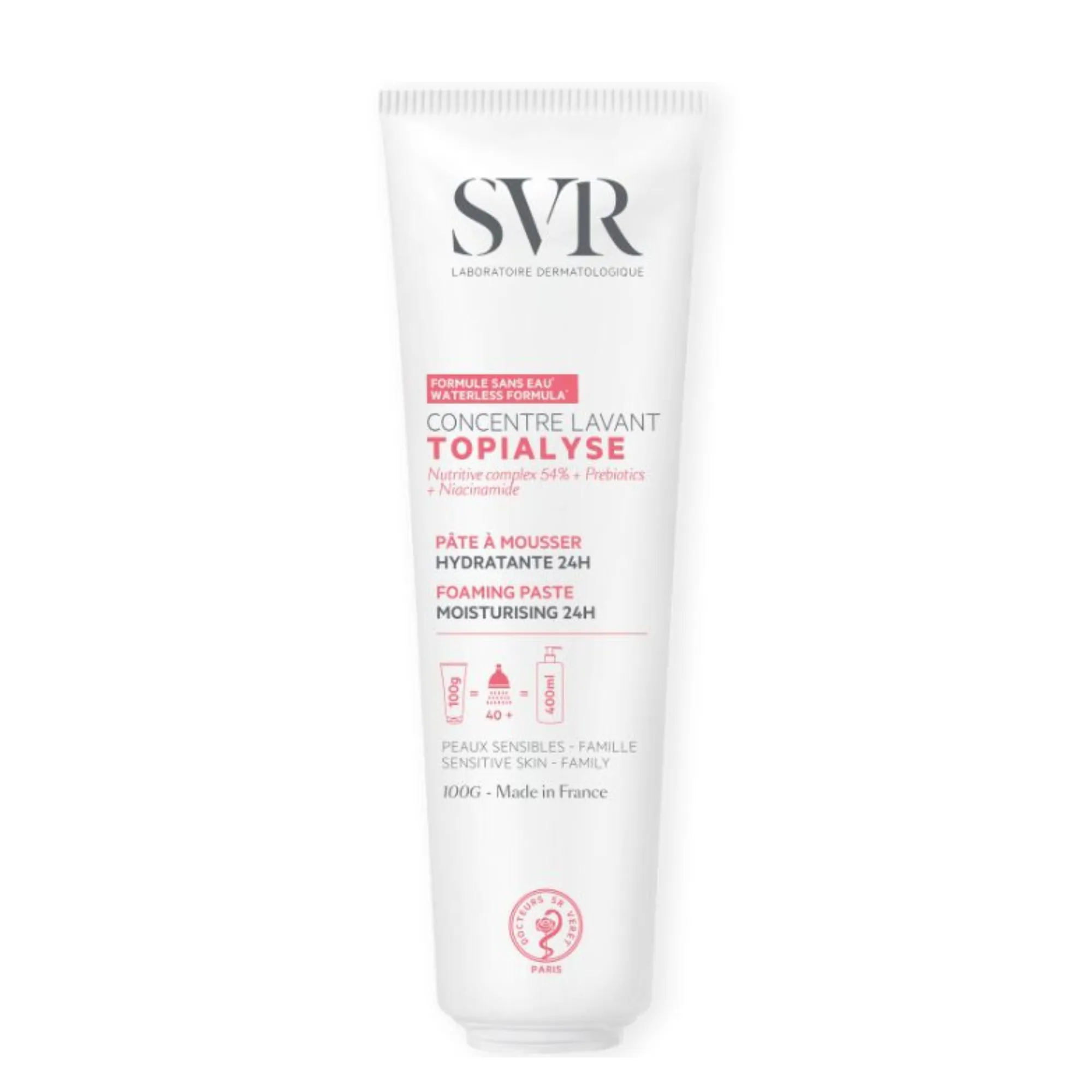 Lyskin-svr-topialyse-concentre-lavant-100g-SVR00041_result SVR Topialyse Concentré Lavant is an innovative, ultra-gentle cleansing solution designed for dry and sensitive skin, suitable for the whole family. With its water-free formula and concentrated texture, this product delivers the equivalent of a 400ml cleansing gel in a compact 100g tube, making it ideal for daily use at home or on the go. Formulated to cleanse without disrupting the skin barrier, it transforms into a creamy milk upon contact with water, offering a sensorial and comforting cleansing experience while maintaining long-lasting hydration.