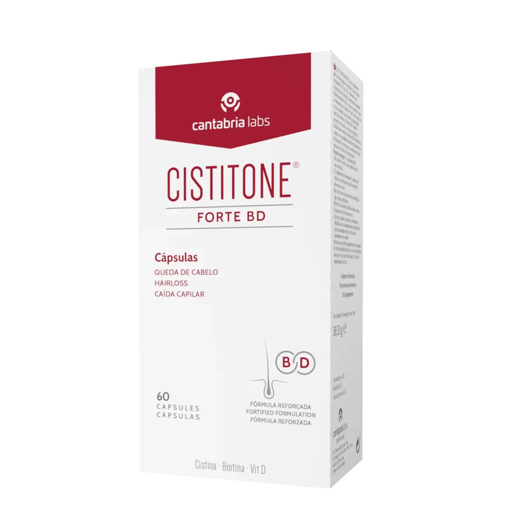 Lyskin-cistitone-forte-bd-60-caps-_result Cistitone Forte BD is a food supplement formulated to support hair strength and vitality during periods of hair loss or weakened hair structure. The formula combines amino acids, vitamins, minerals, and antioxidants that help support normal hair maintenance while protecting cells against oxidative stress. Developed for intensive hair care, Cistitone Forte BD helps support seasonal hair loss, environmentally induced hair weakening, fragile hair fibers, and brittle nails. Moreover, the formula complements anti-hair loss treatments and daily haircare routines focused on strengthening the hair and nails from within. Thanks to its reinforced composition with Vitamin D and B-complex vitamins, the supplement provides comprehensive nutritional support for individuals experiencing weakened, fragile, or seborrheic hair. In addition, Cistitone Forte BD is gluten-free and lactose-free, making it suitable for individuals with specific dietary sensitivities.