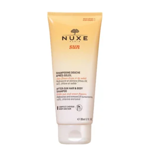 After a day spent enjoying the sun, sea, or swimming pool, your skin and hair require special care to remove accumulated residues and restore comfort. Nuxe Sun Shampoo After-Sun for Hair and Body is a gentle 2-in-1 cleansing treatment designed to effectively eliminate UV filters, salt, chlorine, and sand while respecting the natural balance of both skin and hair. Formulated without sulfate surfactants, this refreshing shampoo and body wash cleanses without drying, leaving skin feeling soft, moisturized, and soothed from the very first use. At the same time, it helps restore hair softness, suppleness, and shine, making it an essential addition to any summer skincare and haircare routine. Its luxurious gel texture transforms into a creamy foam that envelops the skin and hair in the iconic Nuxe Sun fragrance, featuring irresistible notes of Sweet Orange, Tiaré Flower, and Vanilla that evoke the feeling of a perfect summer holiday.