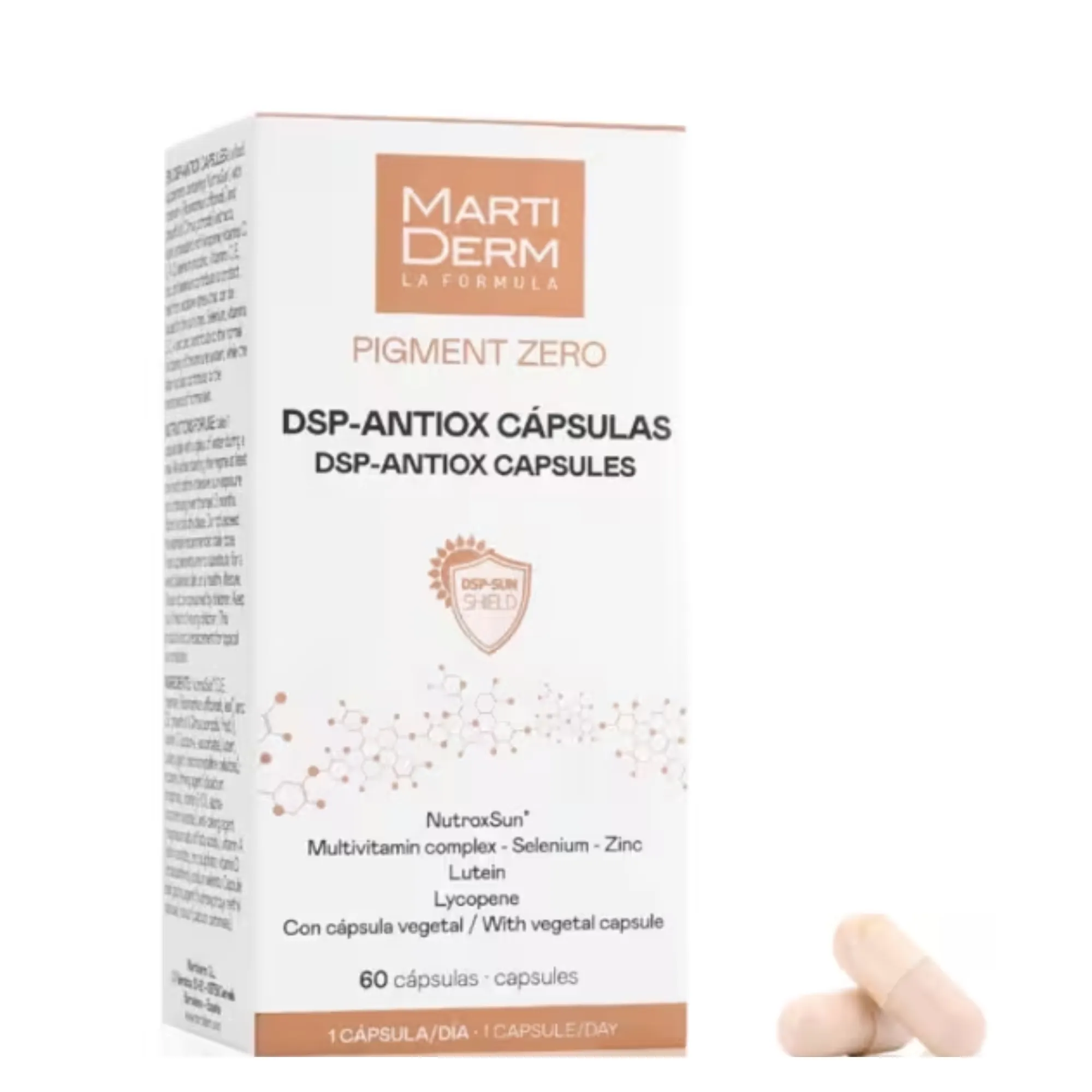 Lyskin-martiderm-pigment-zero-dsp-antiox-60capsules-MAR00029_resultado MartiDerm Pigment Zero DSP-Antiox is a daily antioxidant food supplement formulated with NutroxSun®, vitamins, minerals and carotenoids. Its formula helps protect cells from oxidative stress caused by solar radiation and supports the body's natural antioxidant and immune functions.