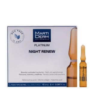 MartiDerm Platinum Night Renew Peeling Ampoules are an overnight skincare treatment designed to gently renew the skin while you sleep. Formulated with 10% alpha-hydroxy acids (AHAs), these ampoules help exfoliate the skin's surface, improve texture and promote a more even-looking complexion. In addition, hyaluronic acid and soluble collagen help maintain hydration, leaving the skin feeling softer, smoother and more supple.